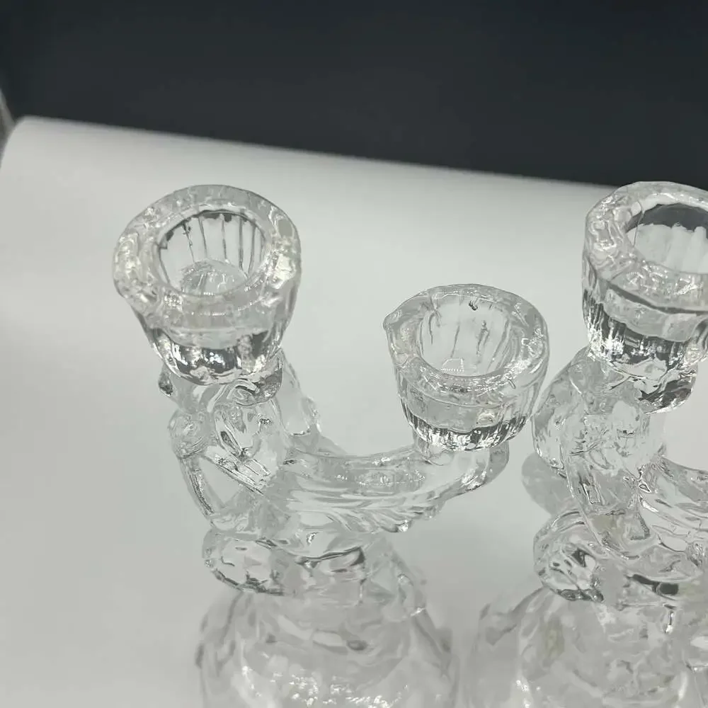 Vintage Clear Glass Cherub Angel 2 Arms Candle Holder Set of 2 - ,Beautiful